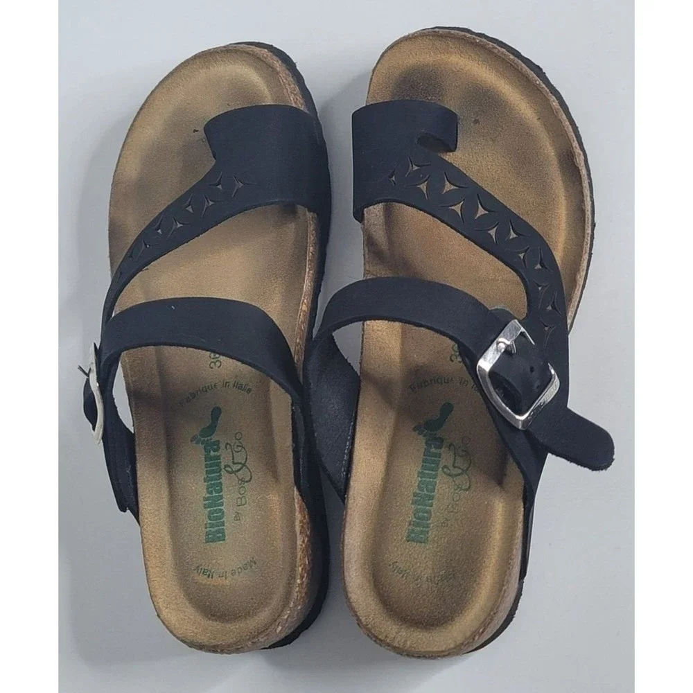 BIONATURA Nubuk Leather Black Cork Sandals Made in Italy Size 36 US 5 Wedge